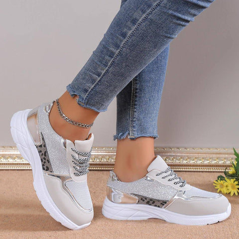 Women's Lace Up Sneakers Breathable Mesh Flat Shoes Fashion-Silver-5