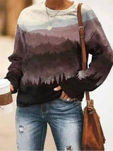 Women's Landscape Floral Print Long Sleeve Pullover-Printing 2-2