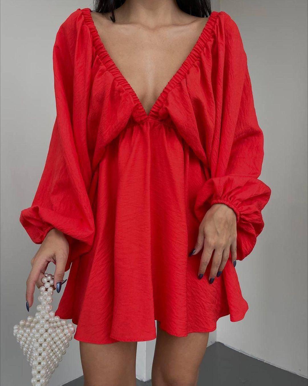 Women's Lantern Sleeve V-neck Dress-Red-12