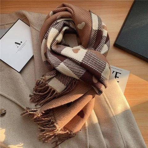 Women's Love Thickened Checked Scarf-Brown-1