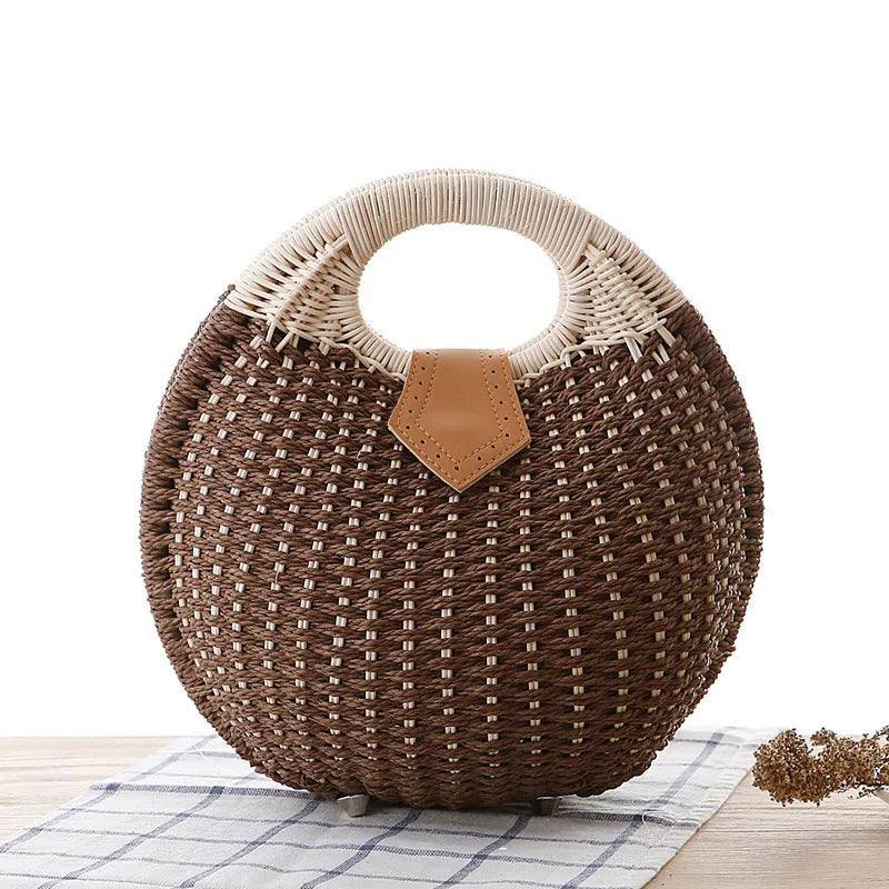 Women's Natural Rattan Handwoven Round Shell Handbag-Coffee-10