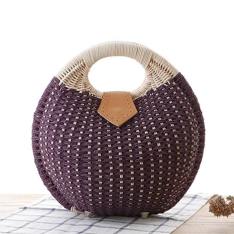 Women's Natural Rattan Handwoven Round Shell Handbag-PURPLE-12
