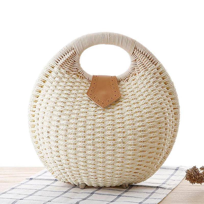 Women's Natural Rattan Handwoven Round Shell Handbag-Beige-8