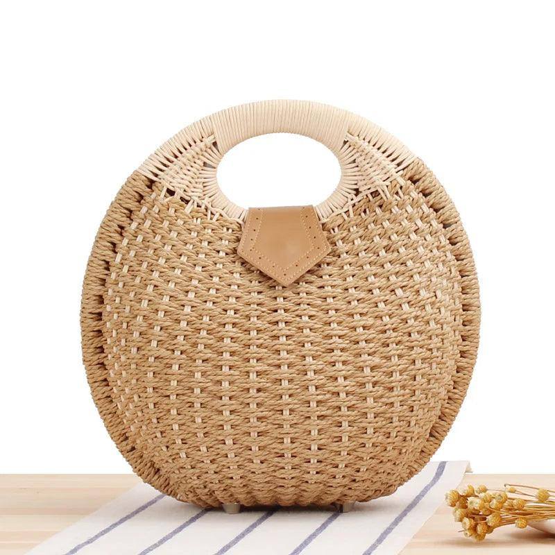 Women's Natural Rattan Handwoven Round Shell Handbag-Brown-9