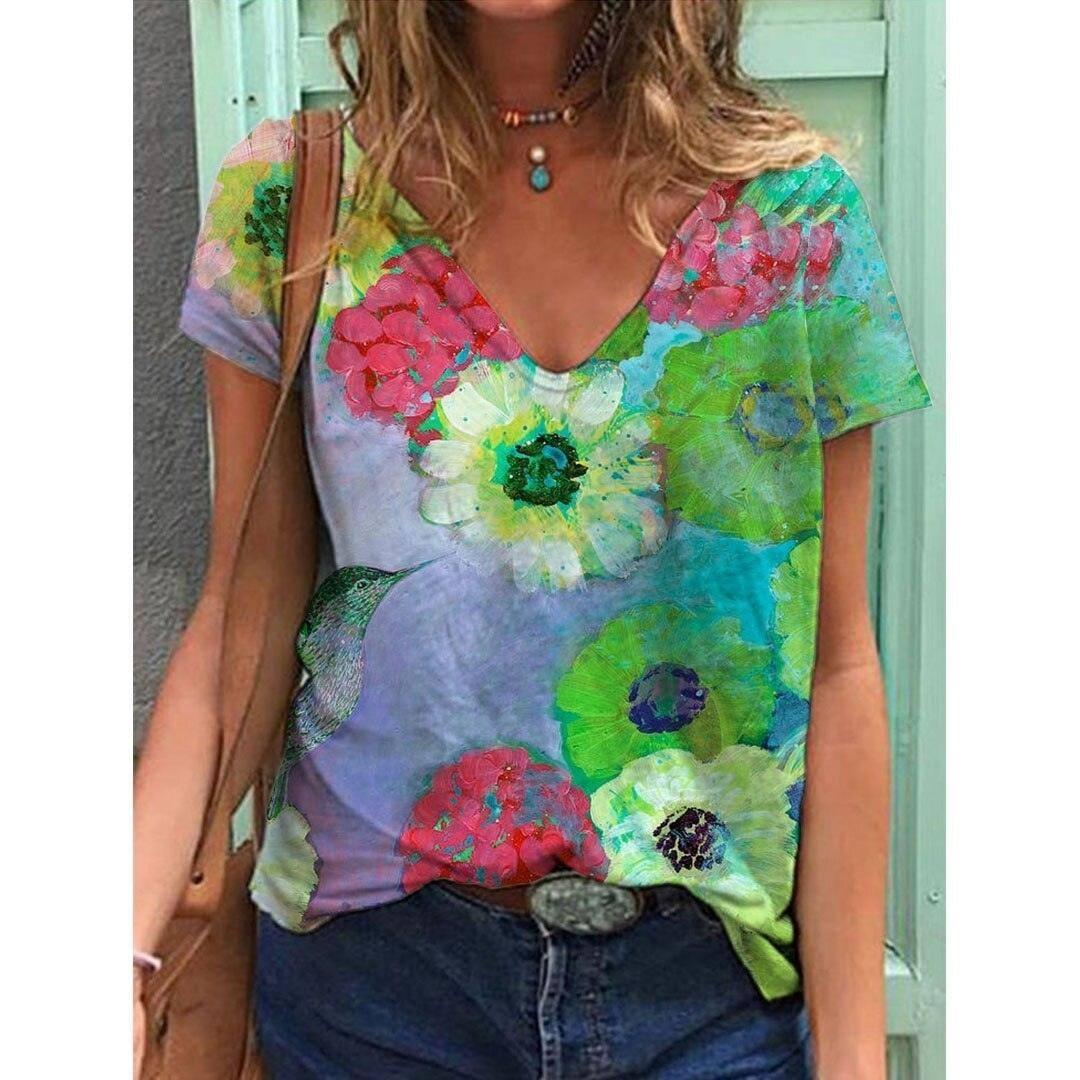 Women's Printed Short-sleeved T-shirt V-neck Loose Top-Style 4-5