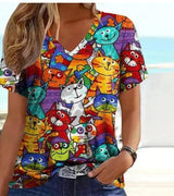 Women's Printed Short-sleeved T-shirt V-neck Loose Top-Style 7-9