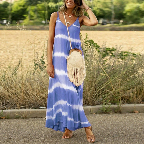 Women's Printed Striped Plus Size Maxi Loose Dress-Blue-2