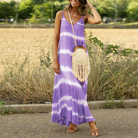 Women's Printed Striped Plus Size Maxi Loose Dress-Purple-5