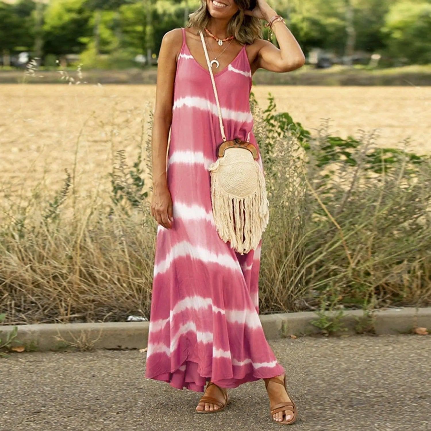 Women's Printed Striped Plus Size Maxi Loose Dress-Pink-7