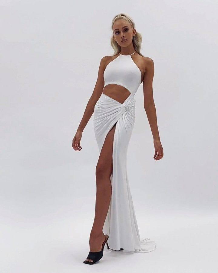 Women's Sexy Fashion Halter Neck Cutout Lace-Up Long Skirt-White-11