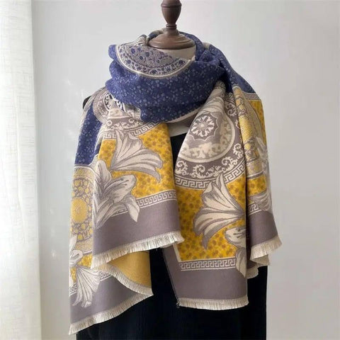 Women's Simple Thickened Warm Reversible Scarf-Blue Yellow-2