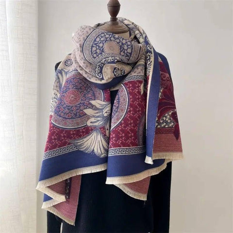 Women's Simple Thickened Warm Reversible Scarf-Blue Red-3