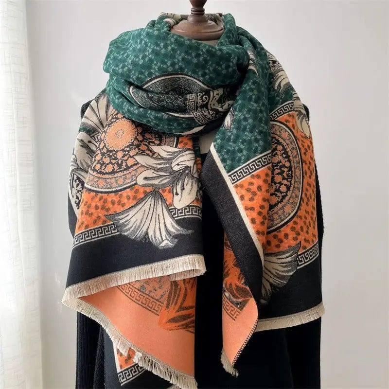 Women's Simple Thickened Warm Reversible Scarf-Green Orange-7