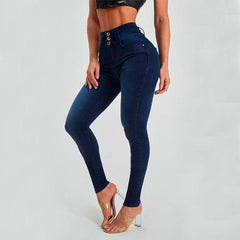 Women's Skinny Trousers - High Waist Shaping and Hip Lifting-Dark Blue-4