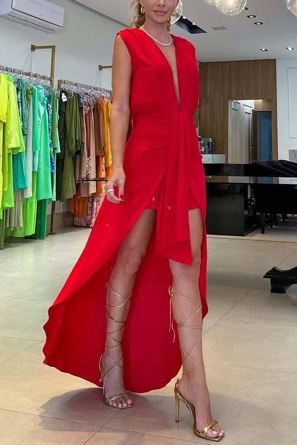 Women's Sleeveless V-neck Irregular Dress-Red-4