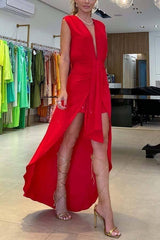 Women's Sleeveless V-neck Irregular Dress-Red-4