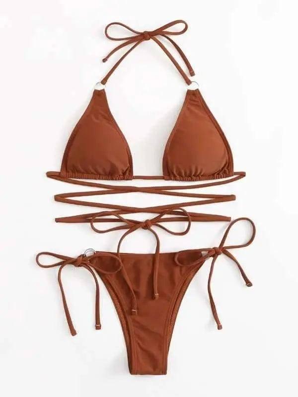 Women's Solid Color Bandage Split Swimsuit Bikini-Brown-5