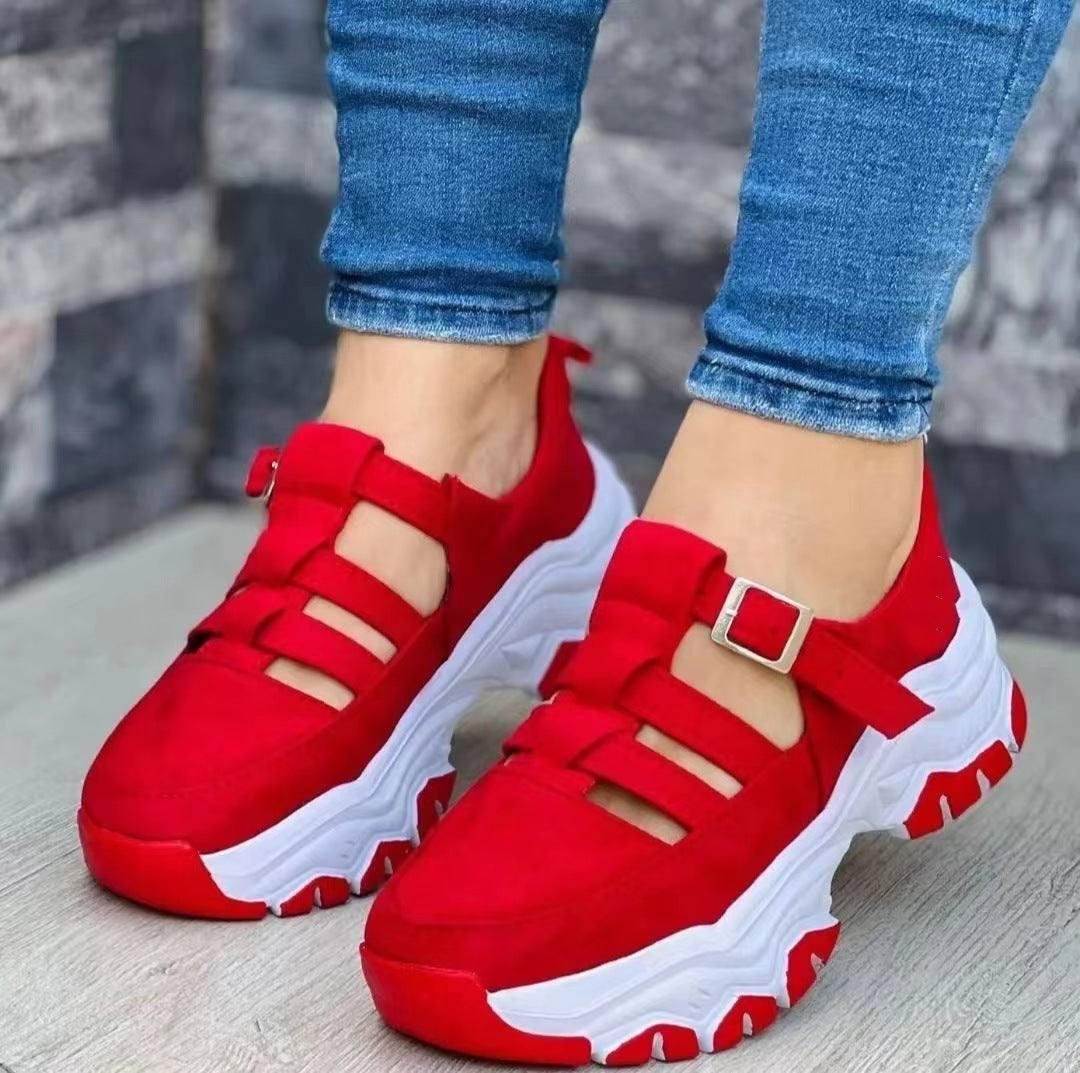 Women's Sports Shoes Buckle Thick-soled Flat Shoes Summer-Red-4