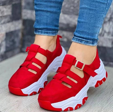 Women's Sports Shoes Buckle Thick-soled Flat Shoes Summer-Red-4