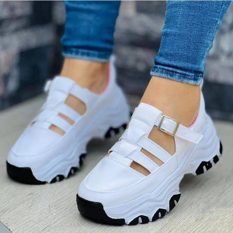 Women's Sports Shoes Buckle Thick-soled Flat Shoes Summer-White-5