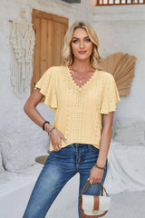 Women's Spring And Summer Lace Ruffle Sleeve Solid Color-Yellow-11