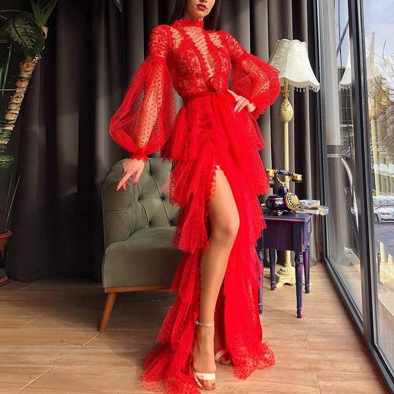 Women's Stand-alone EBay Sexy Mesh Long-sleeved Prom Dress-Red-8