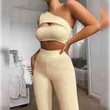 Women's Strapless Crop Tops Trousers Sports Outfits-Khaki-1