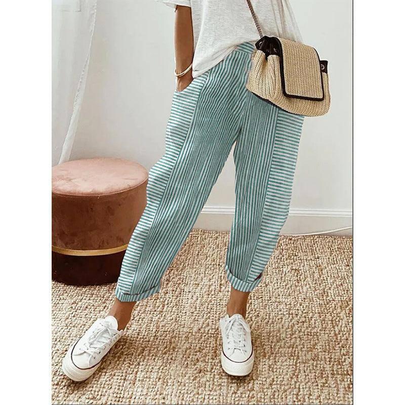 Women's Striped Print Trousers Summer Fashion Casual Loose-Light Green-4