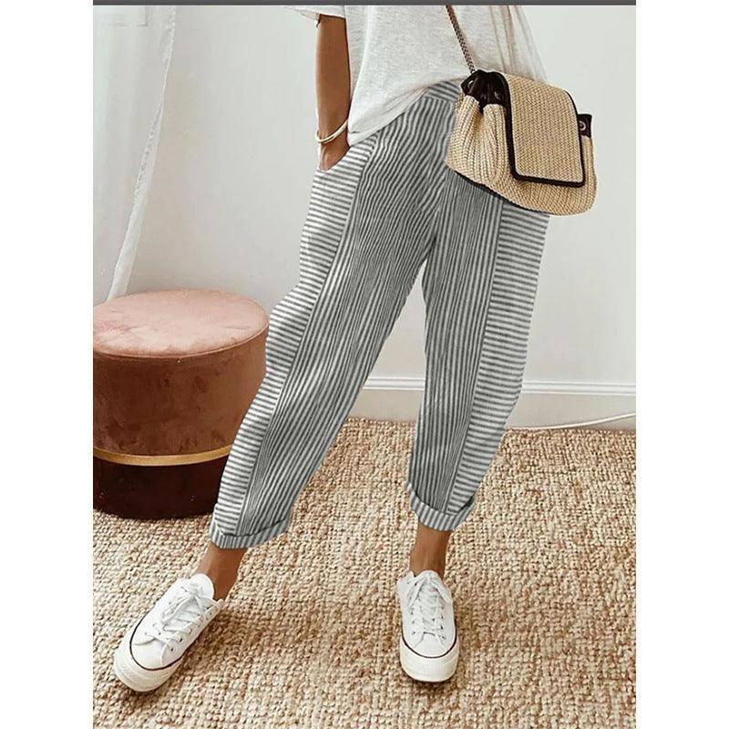 Women's Striped Print Trousers Summer Fashion Casual Loose-Light Gray-5