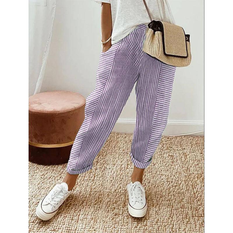 Women's Striped Print Trousers Summer Fashion Casual Loose-Light Purple-6