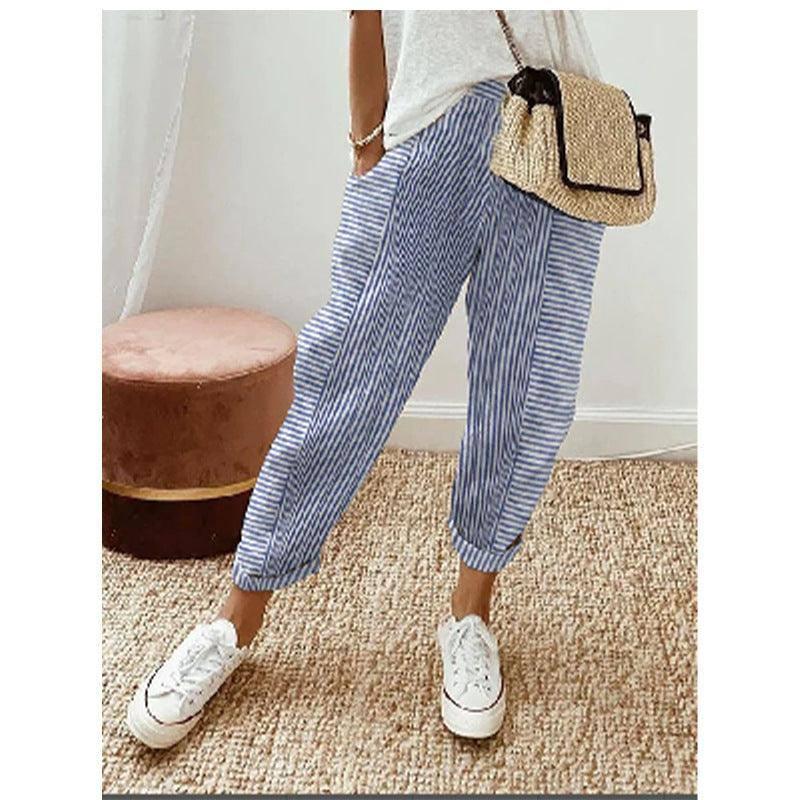 Women's Striped Print Trousers Summer Fashion Casual Loose-Light Blue-7