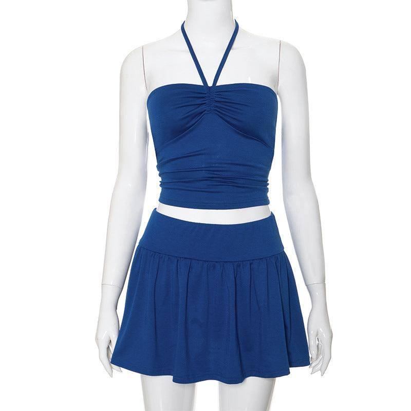 Women's Suits Summer Sleeveless Tube Top And Pleating Skirt-Blue-12