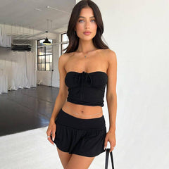 Women's Suits Summer Sleeveless Tube Top And Pleating Skirt-Black-2