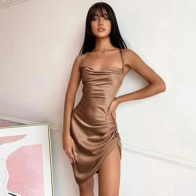 Women's Summer Satin Ruched Bodycon Spaghetti Strap-Coffee-8