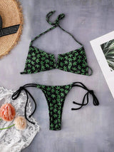 Women's Swimsuit Leaf Print Underwire Gathers Sexy Bikini-Green-2