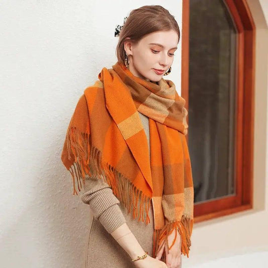 Women's Thickened Warm Cashmere Like Check Printed Scarf-1
