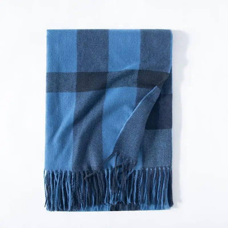 Women's Thickened Warm Cashmere Like Check Printed Scarf-Blue-3