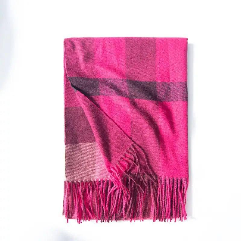 Women's Thickened Warm Cashmere Like Check Printed Scarf-Rose Red-9