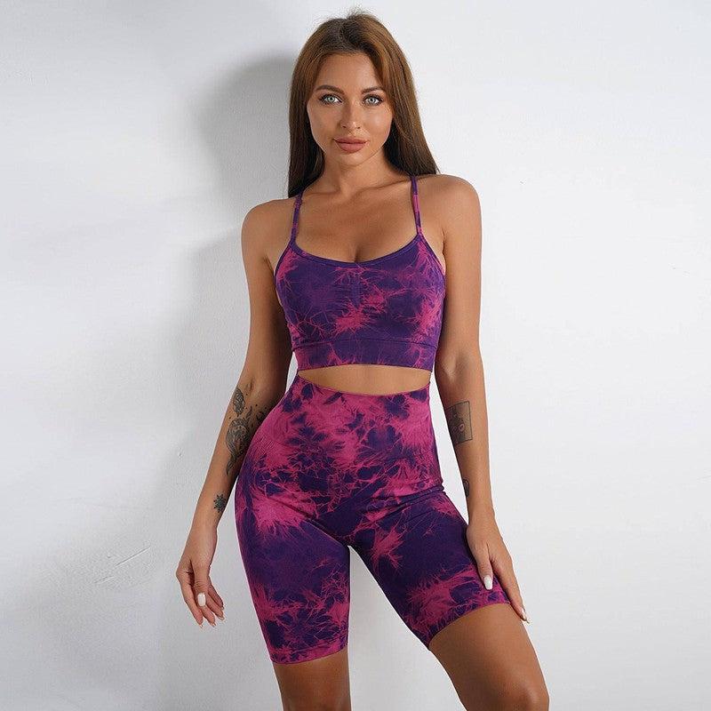 Women's Tie-dye Print Yoga Suit Women Fitness Sports High Waist Trousers Or Shorts Set-Purple red shorts suit-12