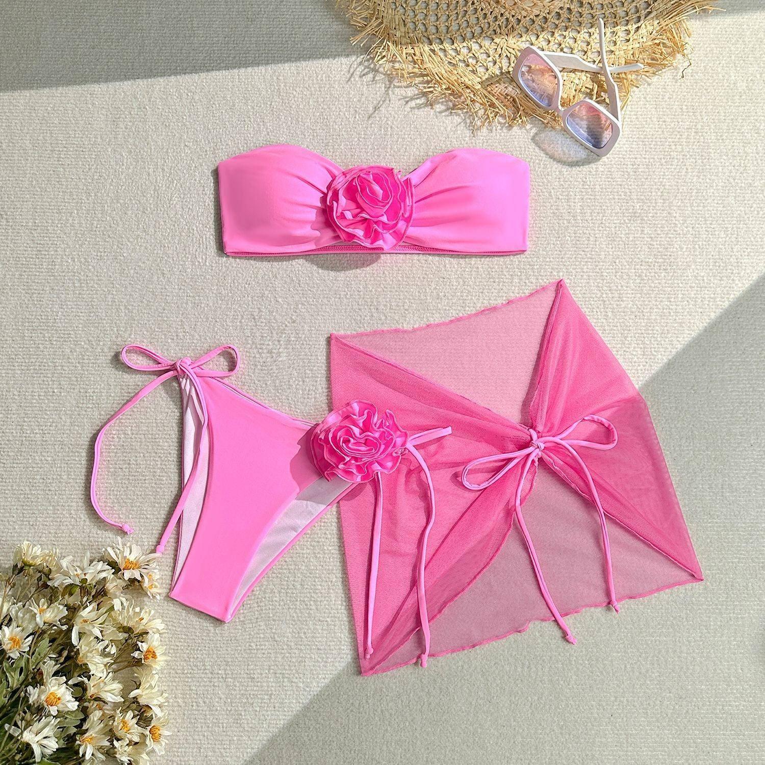 Women's Tube Top With Three-dimensional Big Flower Tied-Pink-6