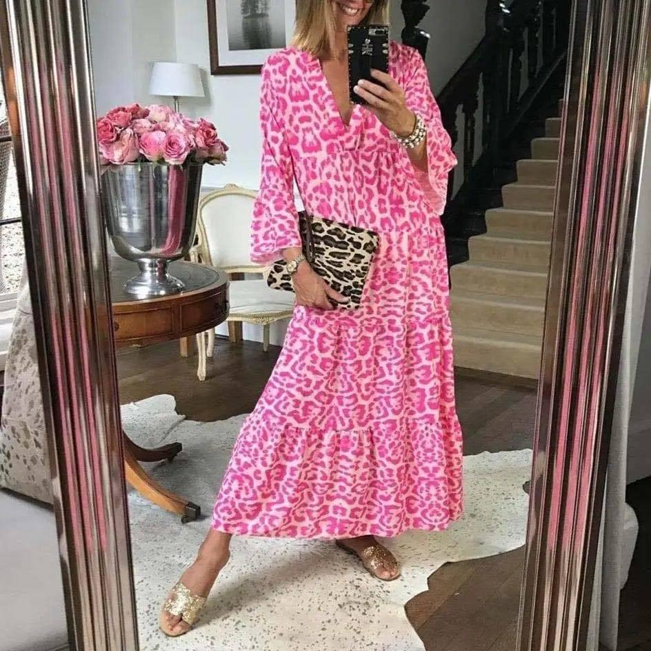Women's V-Neck Leopard Print Long Dress-Pink-1