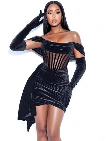 Women's Velvet With Breast Sexy Evening Dress-Black-10