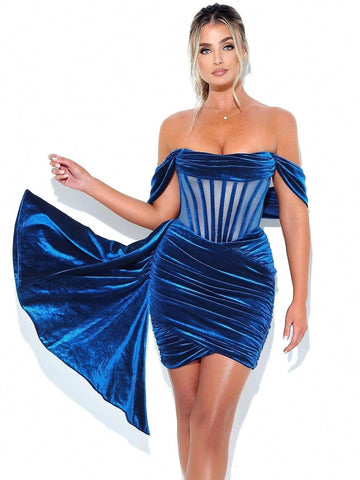 Women's Velvet With Breast Sexy Evening Dress-Blue-11