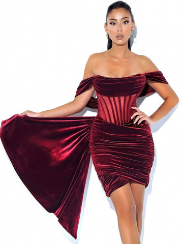 Women's Velvet With Breast Sexy Evening Dress-Red-9