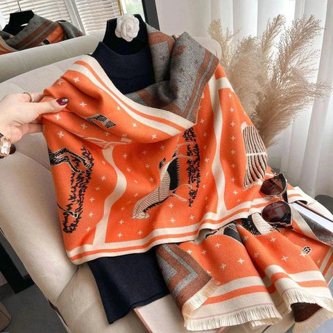 Women's Warm Scarf Shawl With Imitatal Cashmere Tassels-Orange-24