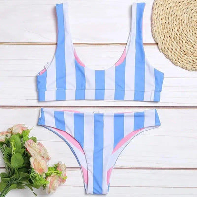 Women Swimsuit Scoop Neck Backless Stripe Female Bikini-S-3