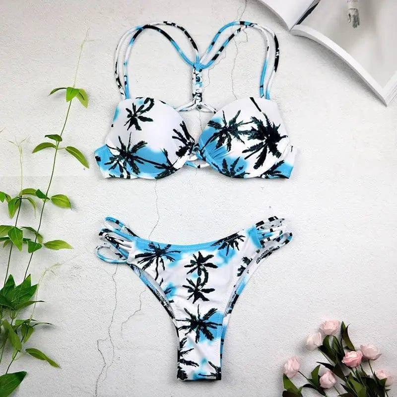 Women Sexy Swimwear Leaf Print Bikini Halter Swimsuit-S-2