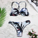 Women Sexy Swimwear Leaf Print Bikini Halter Swimsuit-S-3