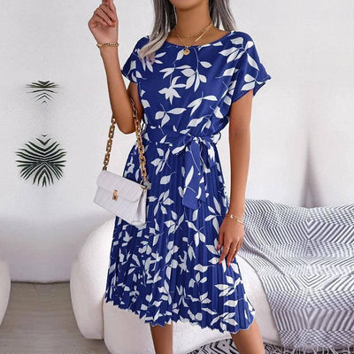 Women Spring Summer Short Sleeve High Waist Chic Dress-Navy blue-12