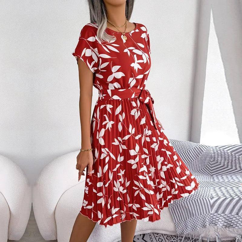 Women Spring Summer Short Sleeve High Waist Chic Dress-8